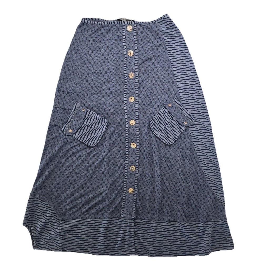 Zashi Skirt M Indigo Patchwork Multi Print Midi Pockets Asymmetrical Boho NEW